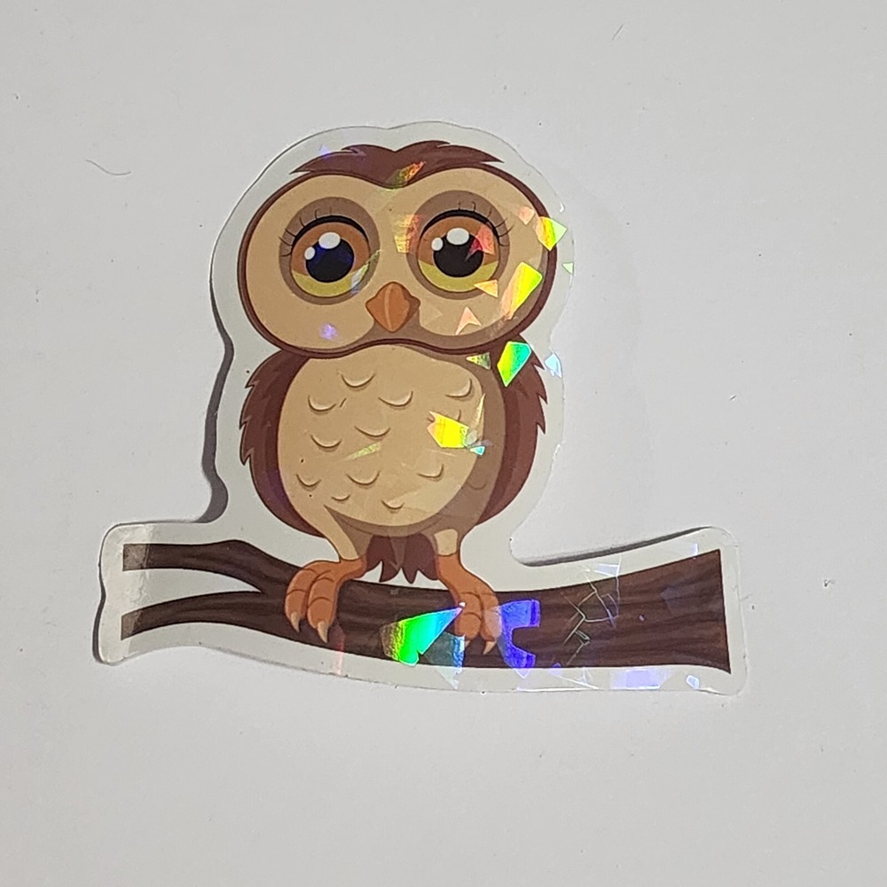 Owl Bird Sticker Decal Cartoon Sitting on Tree Limb Shiny Holographic 2.5"